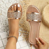 Women's Glossy One-Strap Slides, Summer Fashion Rhinestone Sandals, Flat Lightweight Outdoor Slippers